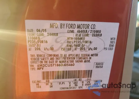 2006 Mercury Mariner z USA, uszkodzony, nr VIN 4M2CU57186DJ05460